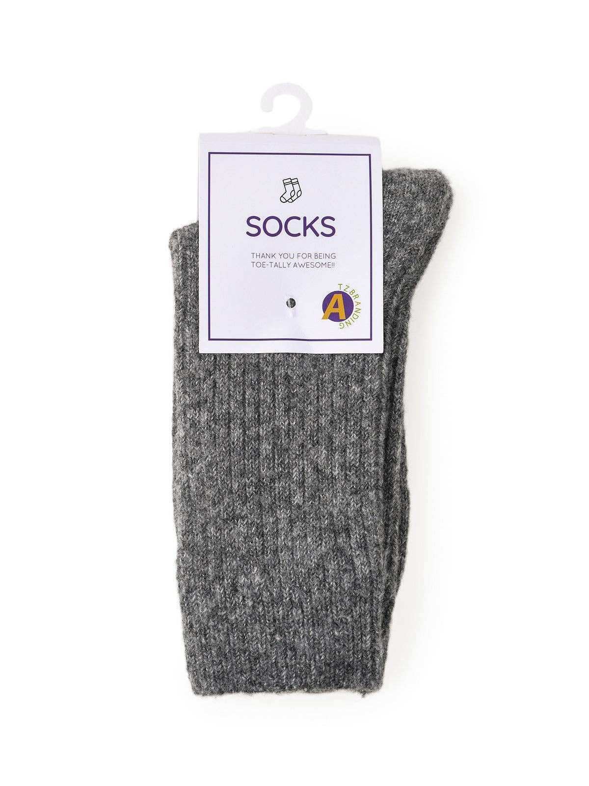 Gray ribbed knit socks with 'SOCKS' tag, 'Thank You for Being Toe-Tally Awesome!' message, and TZ Branding logo on white background