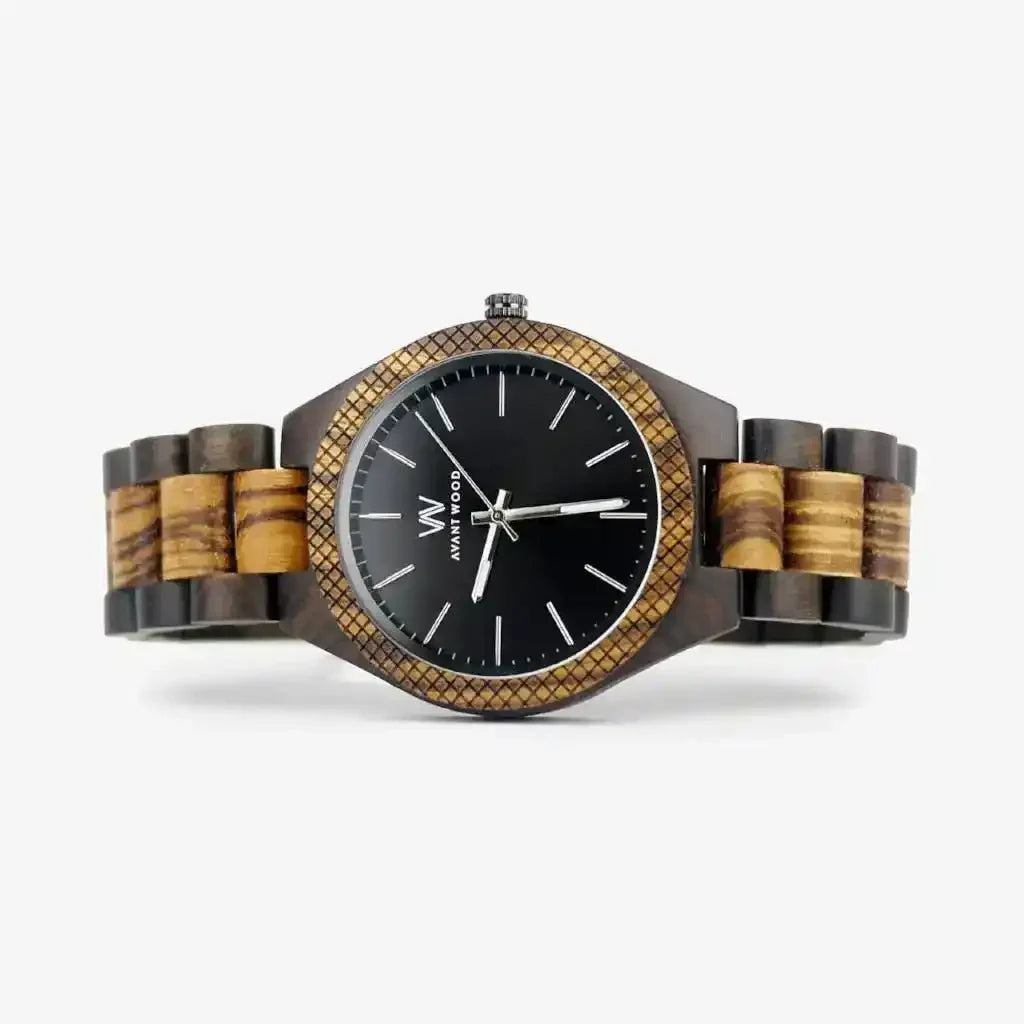 Avant Wood wooden watch with black dial and zebrawood band, eco-friendly timepiece