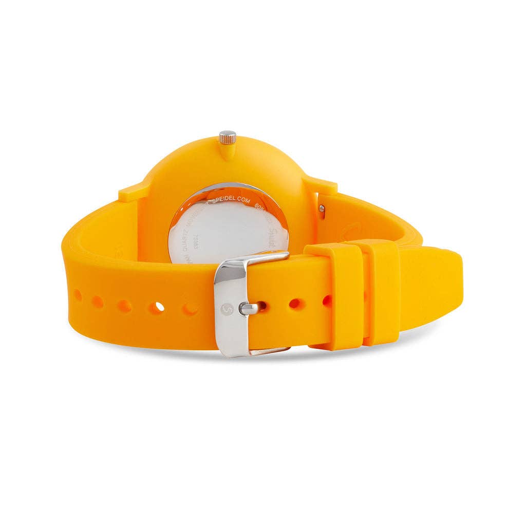 Yellow watch strap with silver buckle on a white background