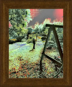 Framed nature art print with surreal colors, garden scene, wooden swing, and house in background