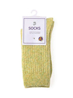 Green and yellow ribbed socks on hanger with 'SOCKS' tag, 'Thank you for being toe-tally awesome' message