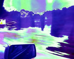 Vibrant abstract landscape with glowing green sky, purple trees, and car side mirror, artistic photo print
