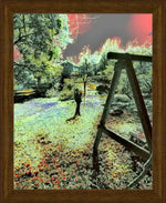 Framed print of surreal garden scene with wooden swing, vibrant foliage, and red sky — nature photography art