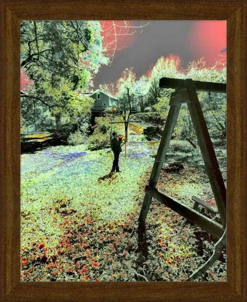 Framed print of surreal garden scene with wooden swing, vibrant foliage, and red sky — nature photography art