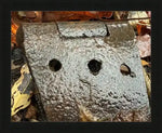 Rusty metal hinge with raindrops, nestled among autumn leaves, framed print