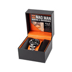 Watch in a branded box with 'MAD MAN' text on a white background
