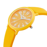 Yellow watch with a white face on a white background