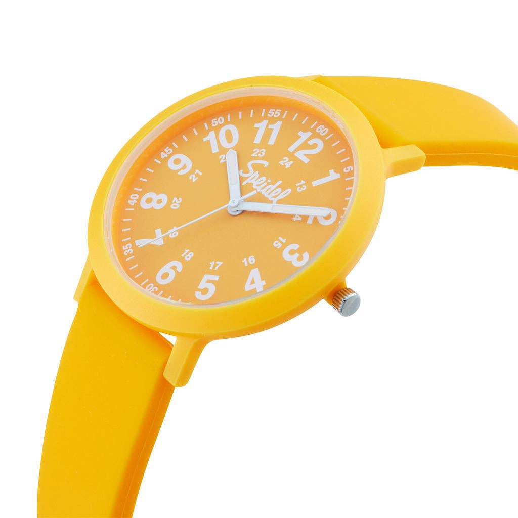 Yellow watch with a white face on a white background