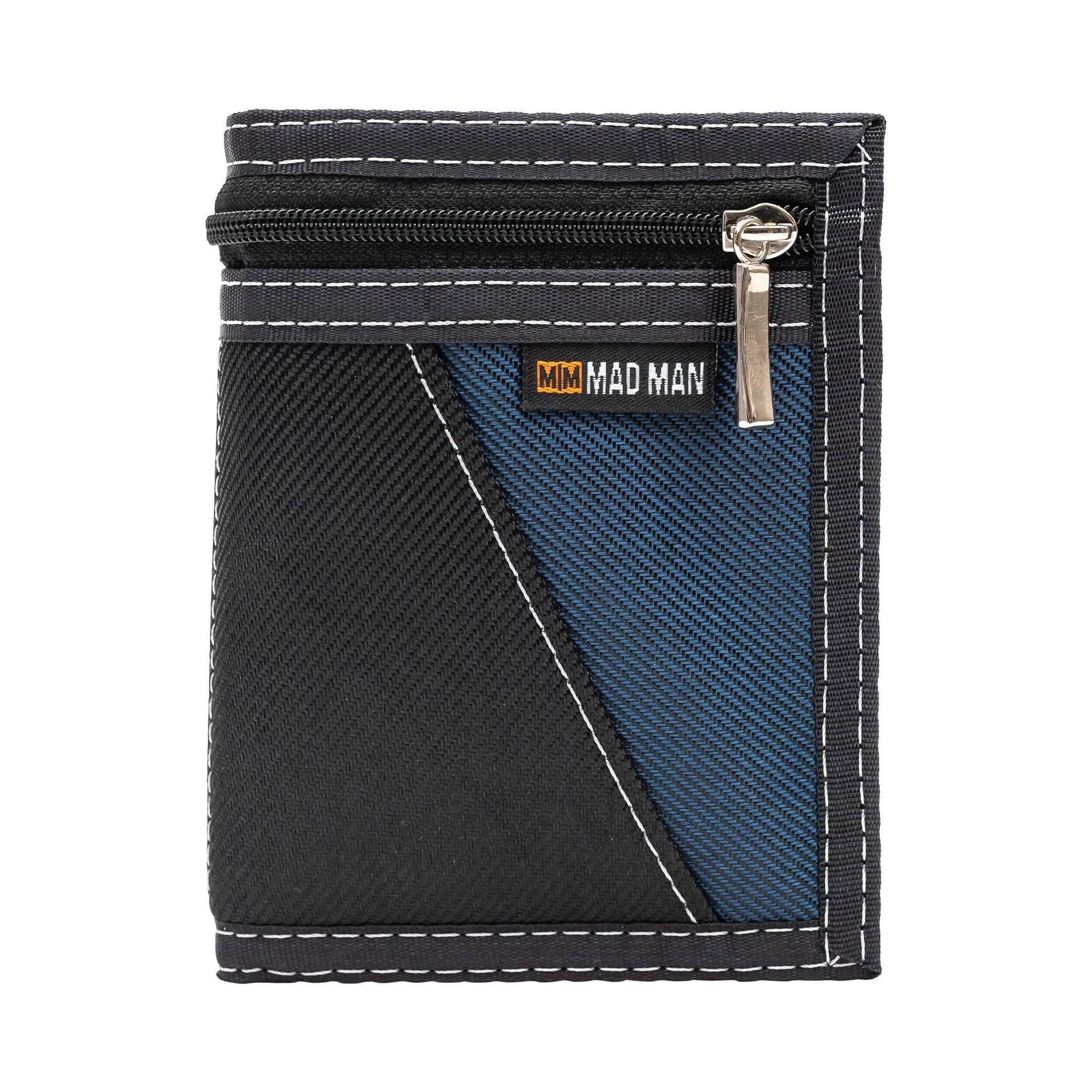 Black and blue wallet with a visible brand logo on a white background