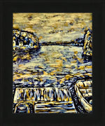 Framed artwork of a boat on water with rocky shores, featuring bold yellow and blue brushstrokes.