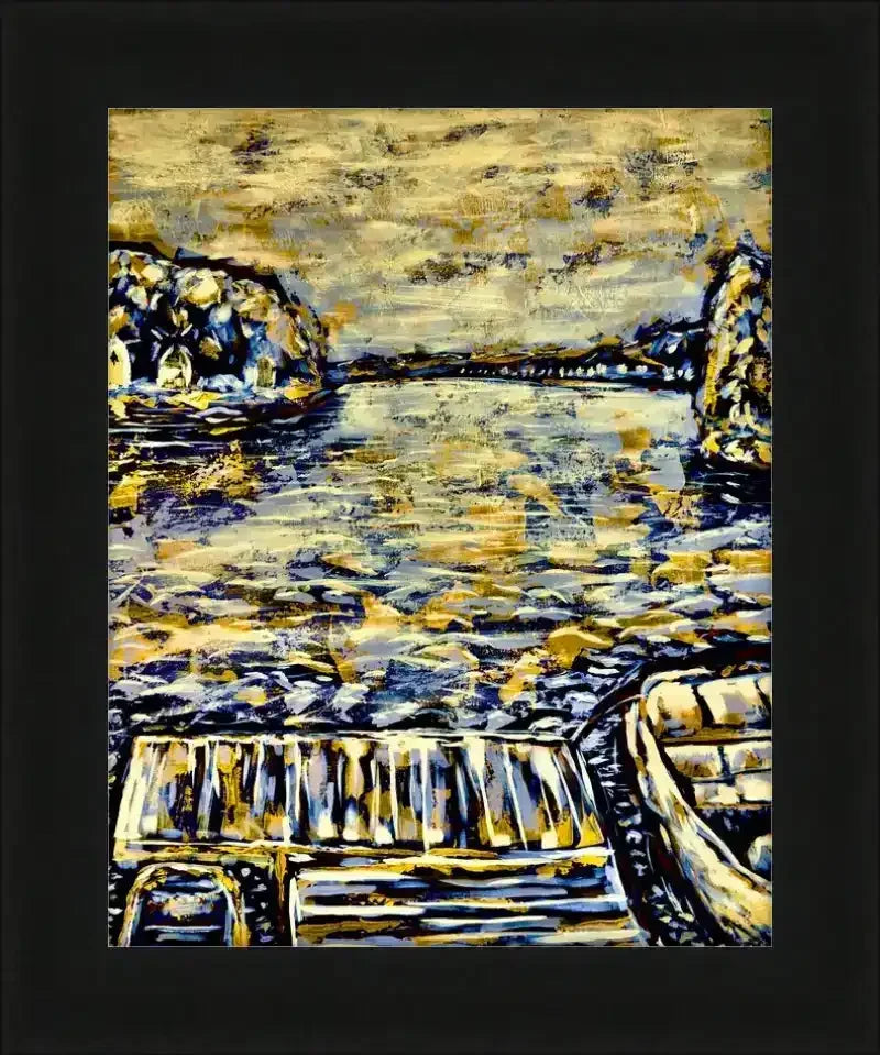 Framed artwork of a boat on water with rocky shores, featuring bold yellow and blue brushstrokes.
