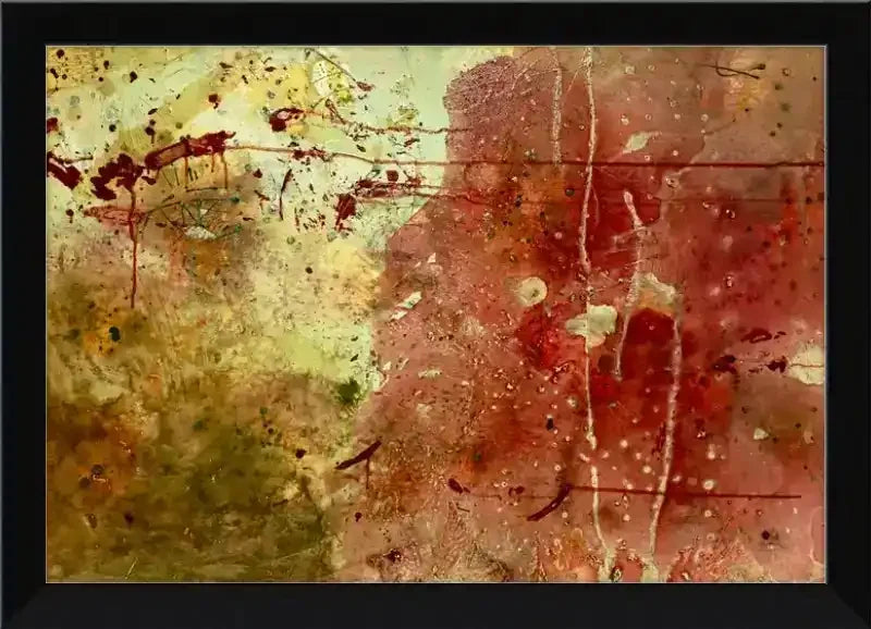 Abstract artwork with red, gold, and earthy tones in a black frame, featuring splatters and textured brushstrokes.