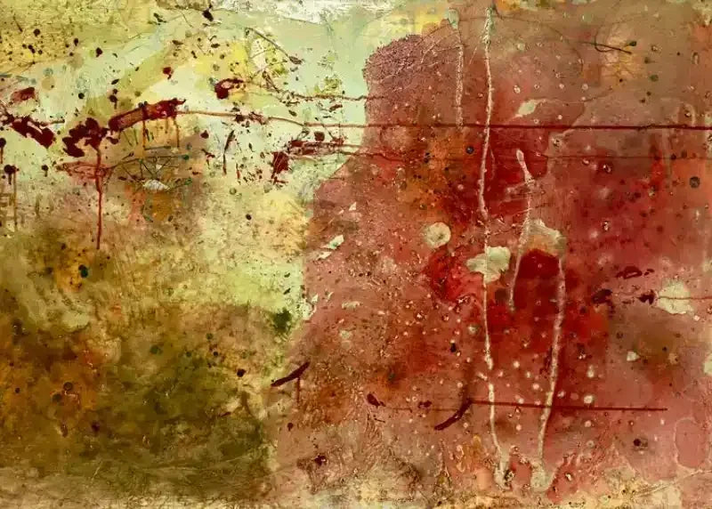 Abstract artwork with textured red, green, and brown splatters and strokes, original fine art print