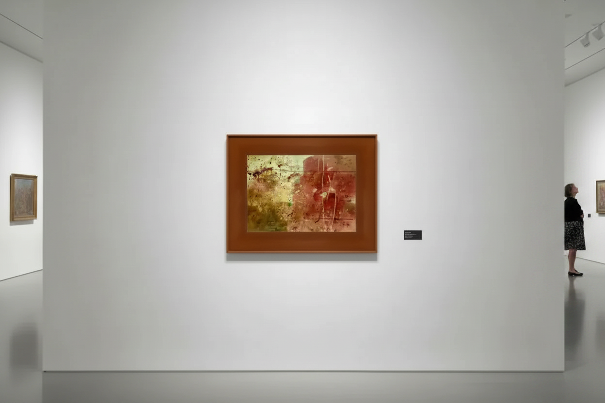 Abstract artwork in wooden frame displayed in modern gallery with visitors viewing art