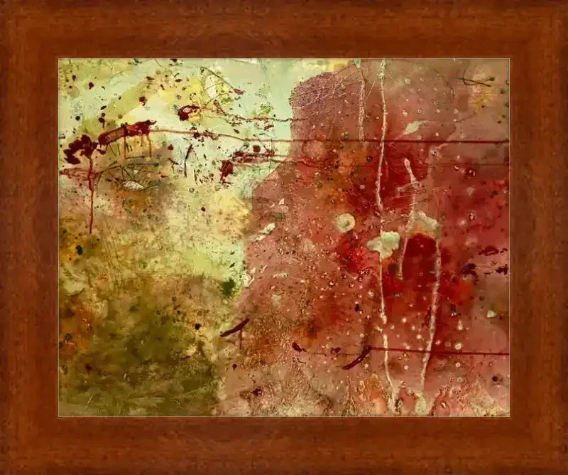Abstract artwork print with red, green, and gold splatters in a wooden frame, made in USA