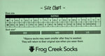 Frog Creek Socks size chart for men's and women's shoe sizes with sock size guide and care note