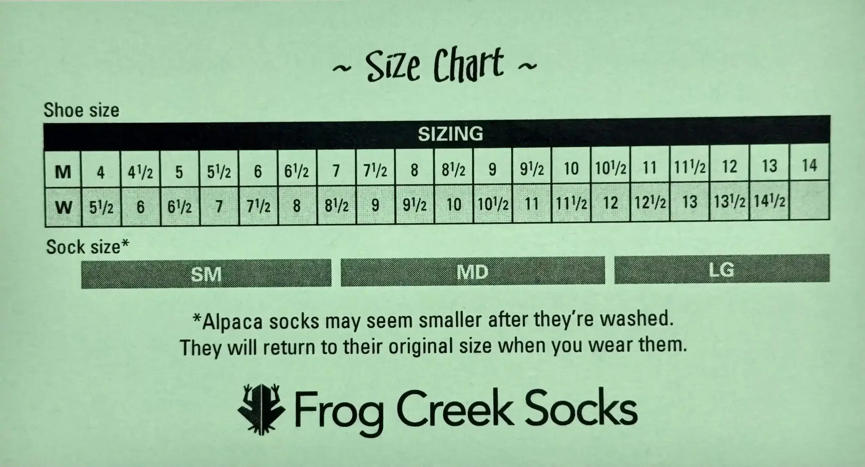 Frog Creek Socks size chart for men's and women's shoe sizes with sock size guide and care note