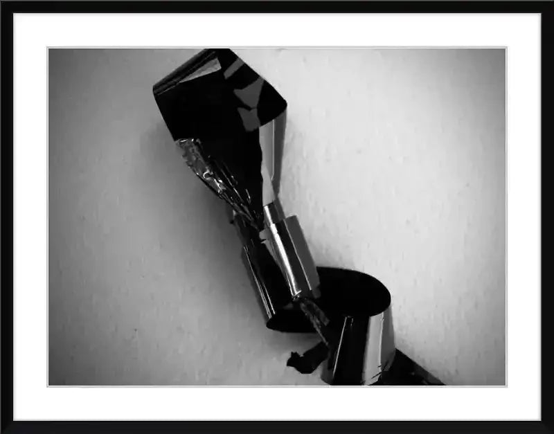 Black and white abstract photo of crumpled metallic object in frame, modern graphic artwork print