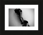 Black and white framed print of abstract metallic sculpture with reflective surfaces