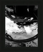Snow-covered bicycle gear and chain in black and white, framed print