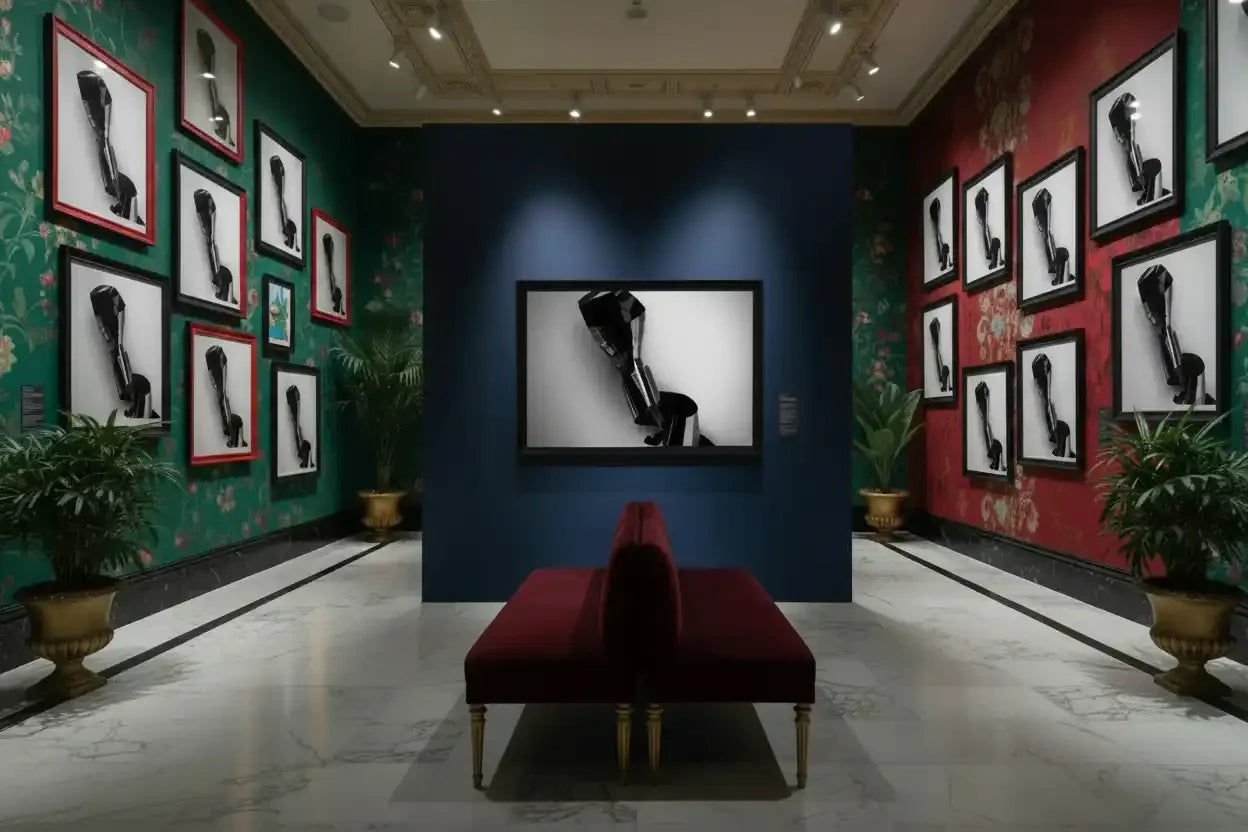 Framed black and white photography art displayed in a gallery with red and green floral walls, marble floor, and velvet bench