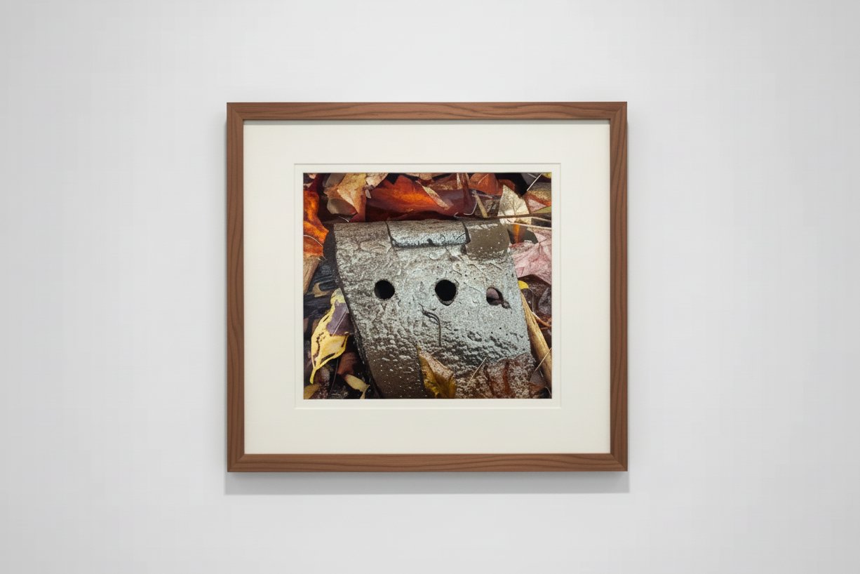 Framed nature photo of weathered stone with holes among autumn leaves, displayed on white wall