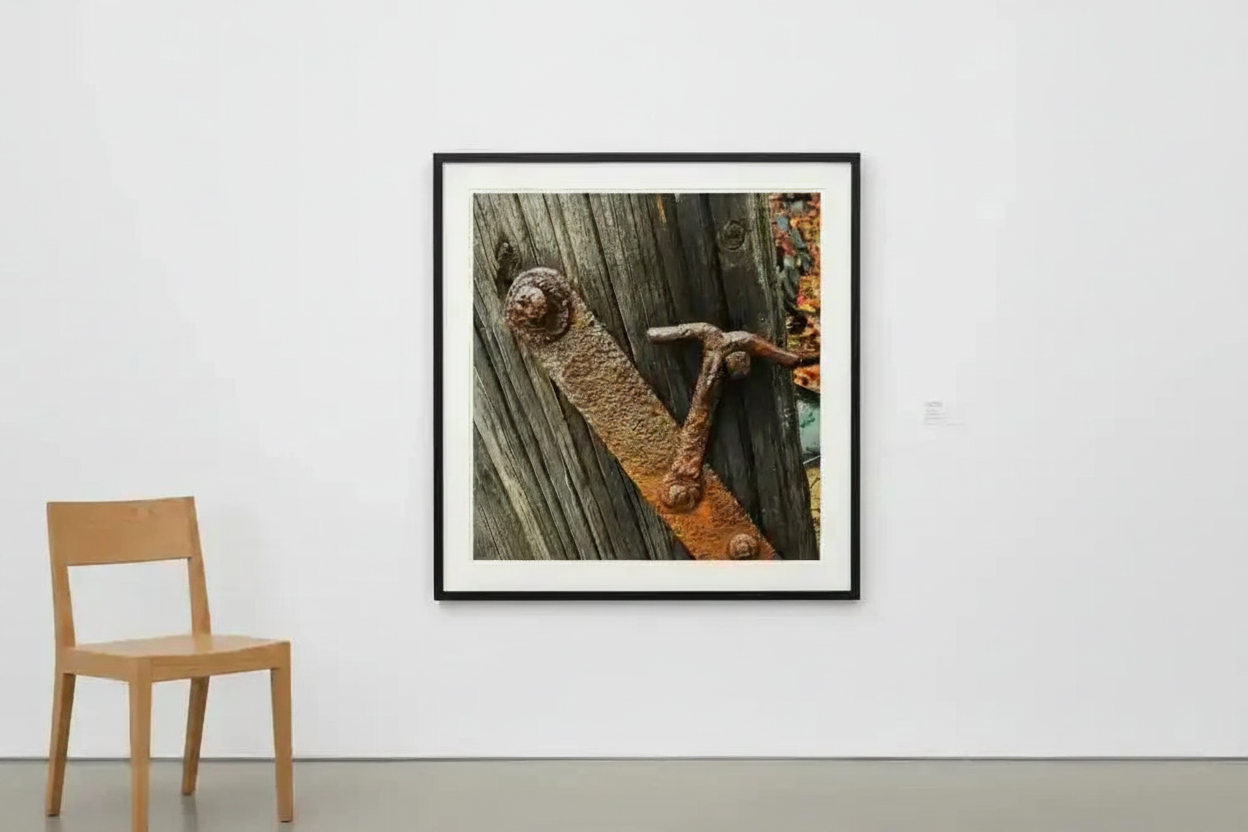 Framed rustic print of weathered wood and rusty metal hardware, displayed on white wall beside wooden chair