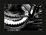 Black and white framed print of vintage bicycle gears and chain, industrial photography artwork