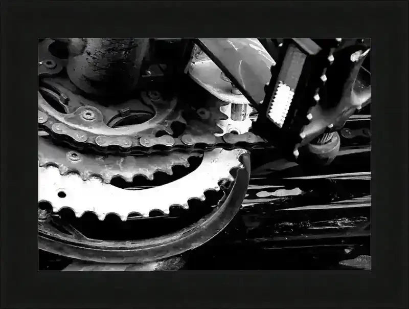 Black and white framed print of vintage bicycle gears and chain, industrial photography artwork