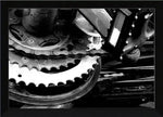 Black and white framed print of vintage bicycle gears and chain, industrial mechanical detail