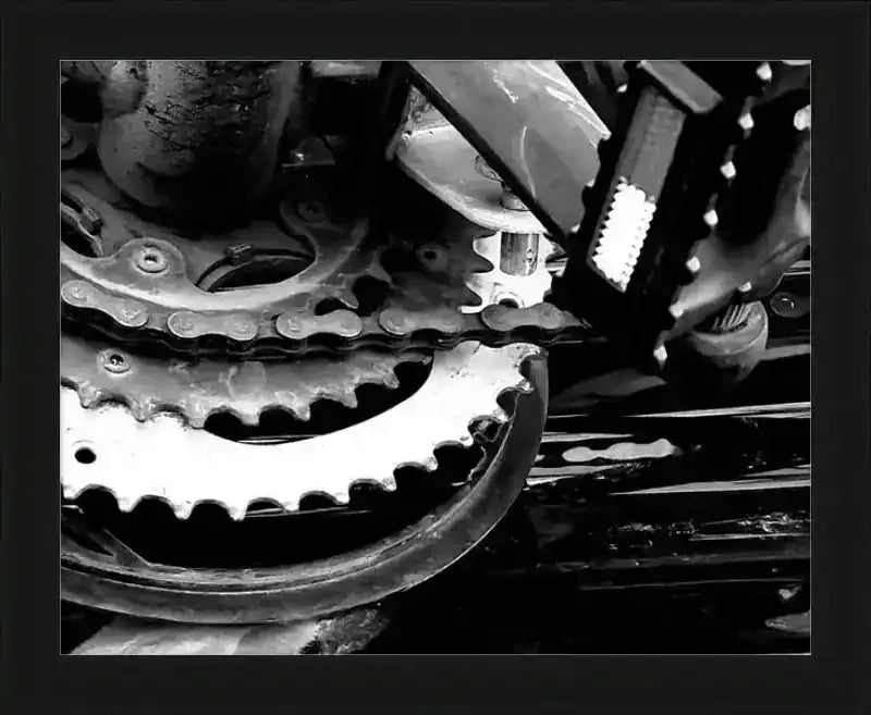 Black and white close-up of bicycle chain and gears, mechanical detail photography