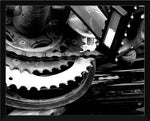 Black and white close-up of vintage bicycle gears and chain, mechanical detail art print