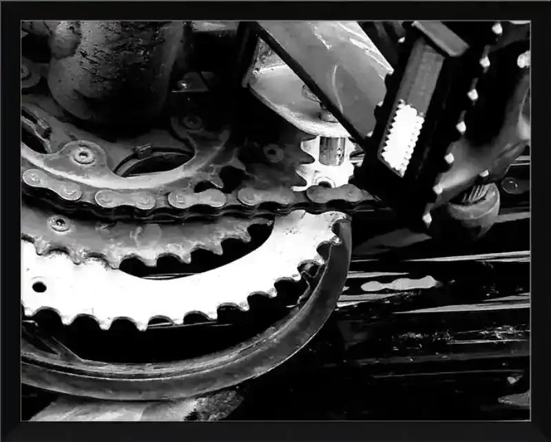 Black and white close-up of vintage bicycle gears and chain, mechanical detail art print