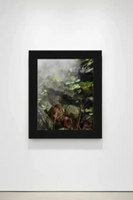 Framed nature photograph of misty rocks and green foliage in black frame on white gallery wall