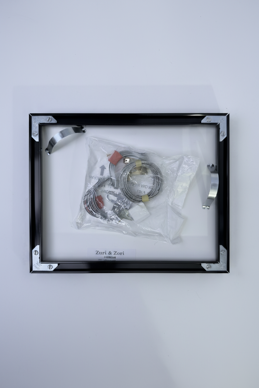 Packaged hanging kit in a clear plastic bag with a black frame.