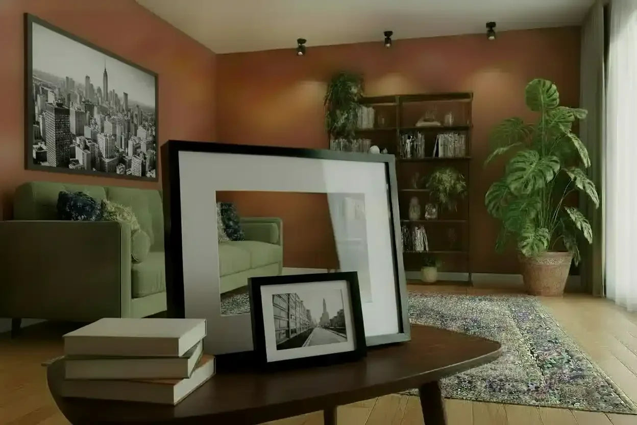 Framed cityscape prints displayed in a cozy living room with green sofa, bookshelf, and potted plants