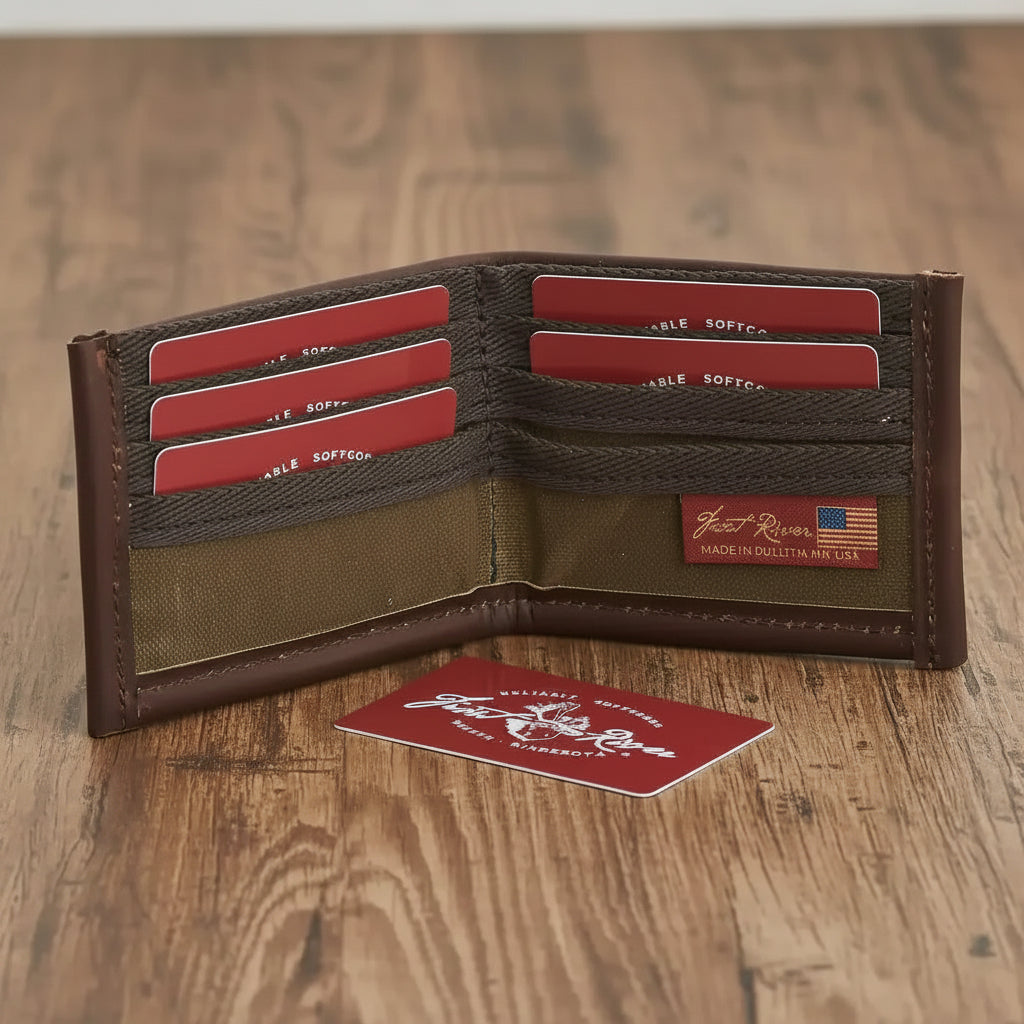 Brown leather wallet with canvas interior, red card slots, and 'Made in USA' label on wooden surface