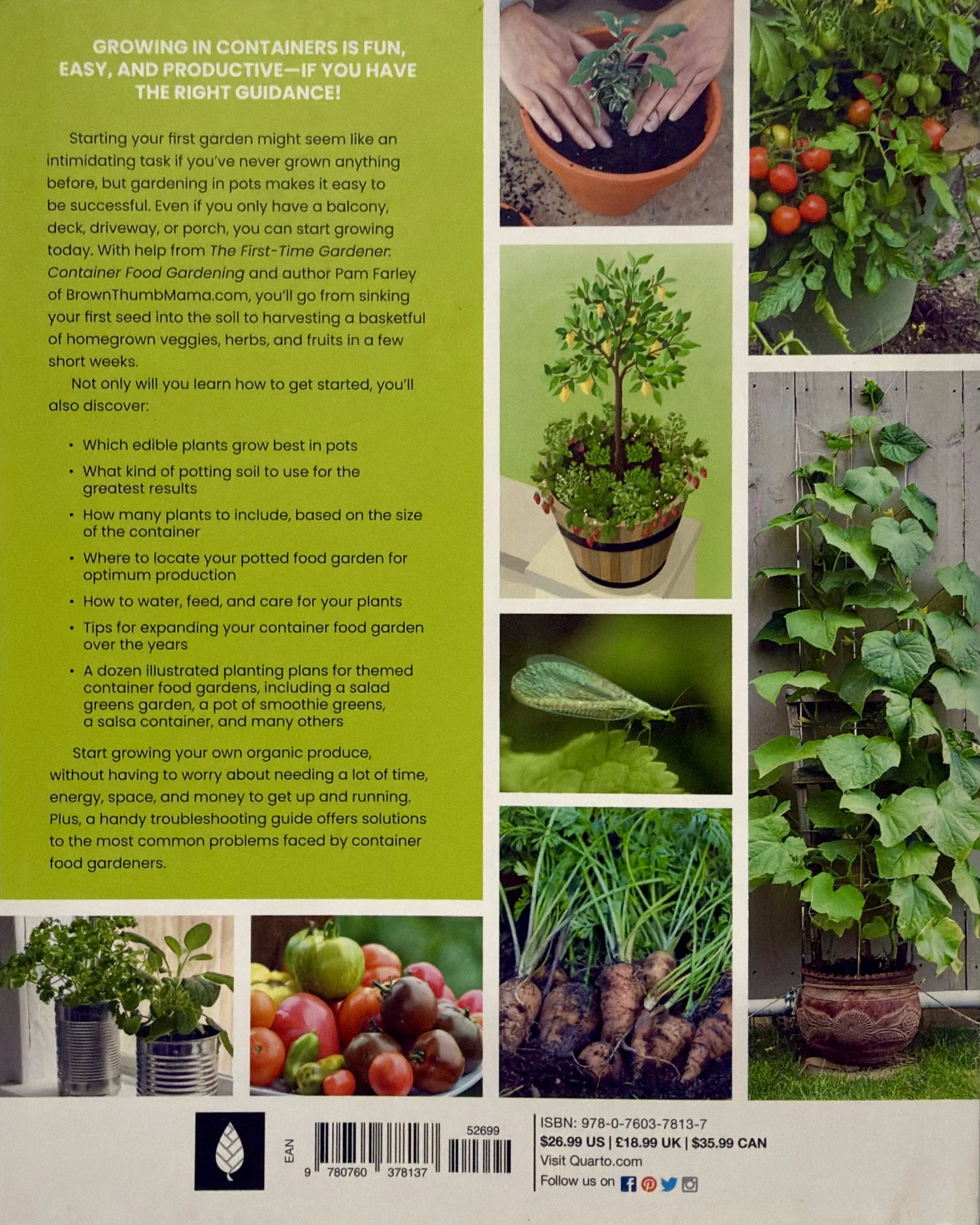 Back cover of a gardening book with text and images of plants and vegetables.