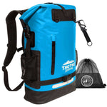 Blue Tactiko Survival waterproof backpack with black straps, carabiner, and mesh bag, ideal for outdoor adventures.