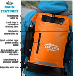 Tactiko Survival orange waterproof backpack with rolled top, D-rings, mesh pockets, and reflective strip