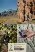 Back of Book. Collage of outdoor scenes with mountains, a person hiking, and a rock held in hand, with Princeton Architectural Press branding.