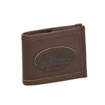 Brown leather wallet with stitched oval patch and visible interior lining