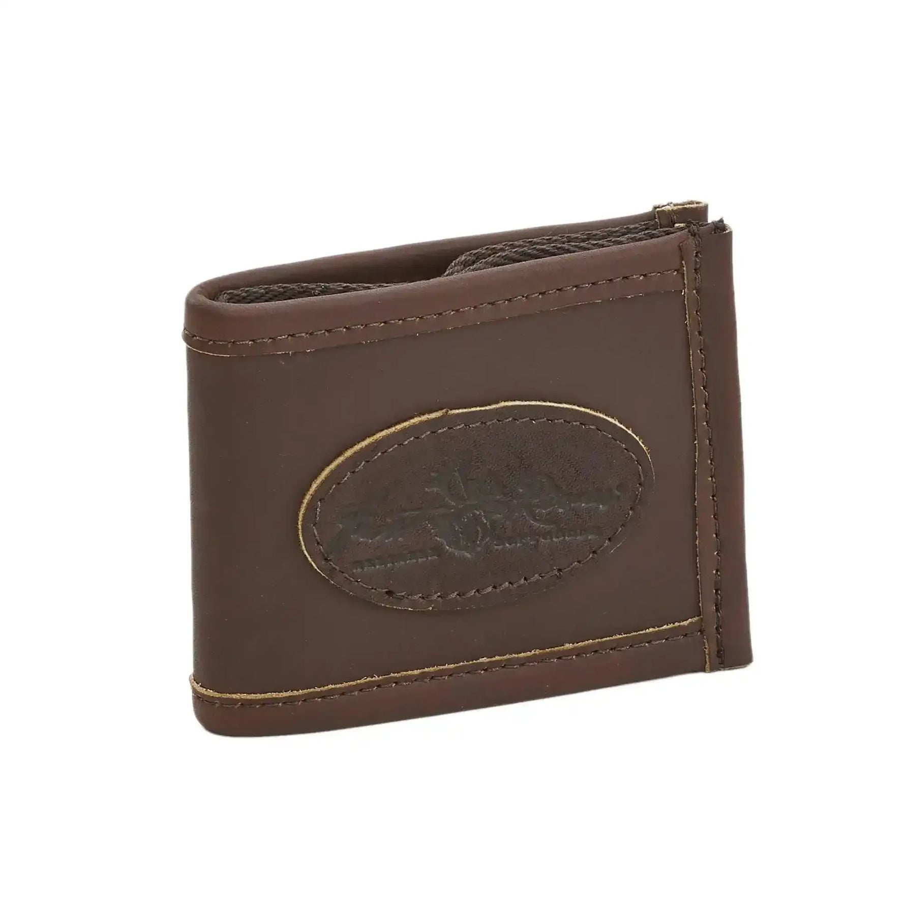 Brown leather wallet with stitched oval patch and visible interior lining