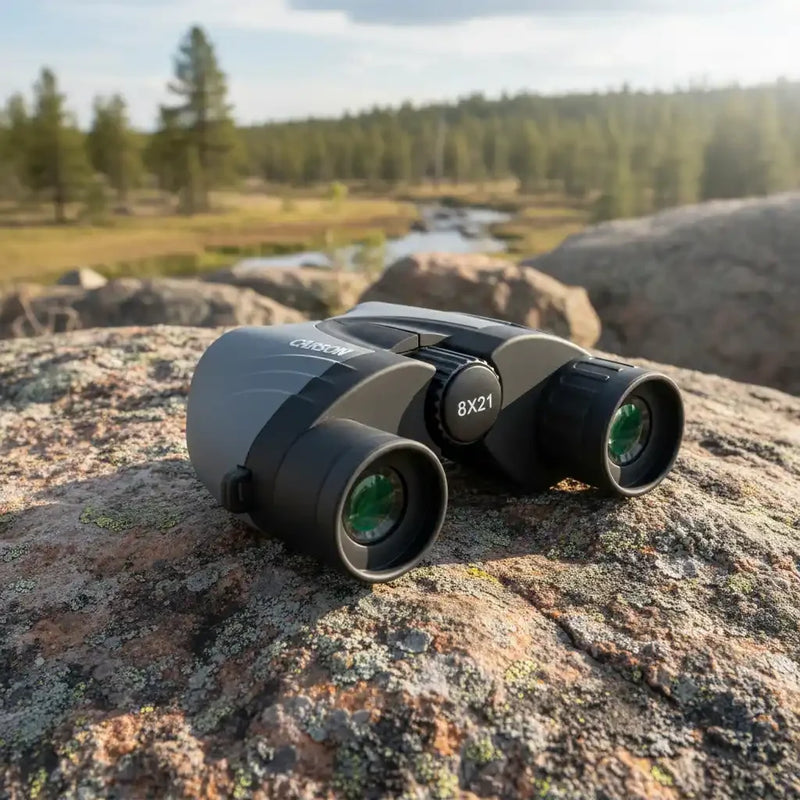Crosman 8x21 binoculars on rocky terrain with forest and stream background