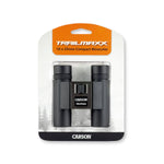 Trailmaxx 10x25mm compact binoculars in Carson packaging, black design with orange label