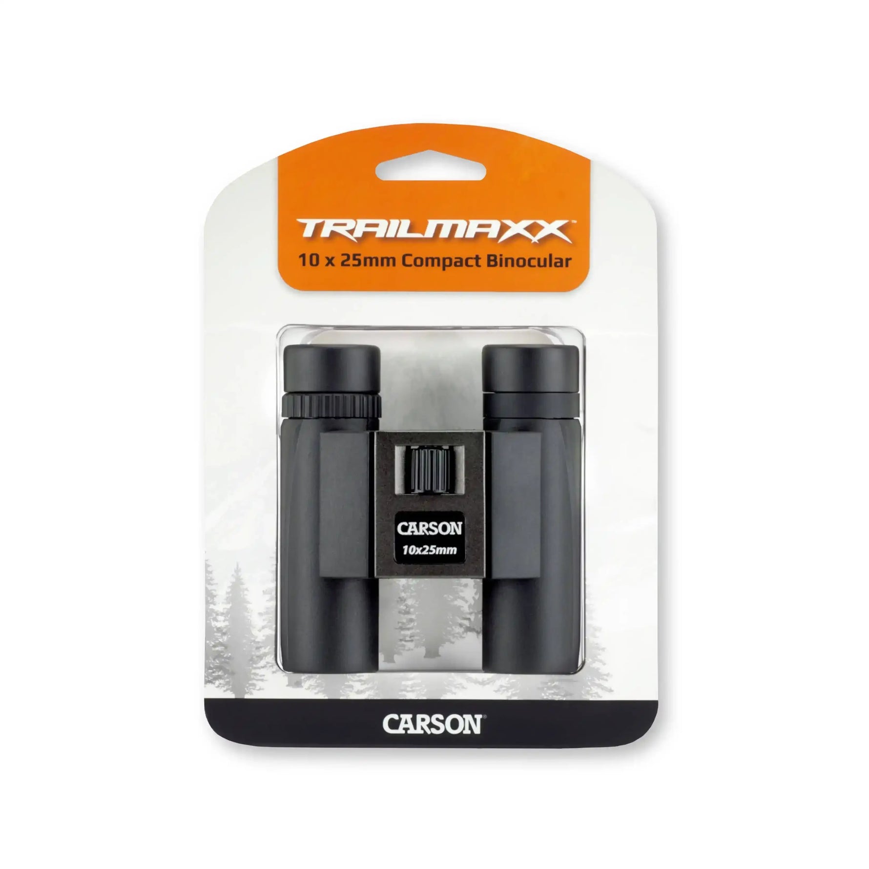 Trailmaxx 10x25mm compact binoculars in Carson packaging, black design with orange label