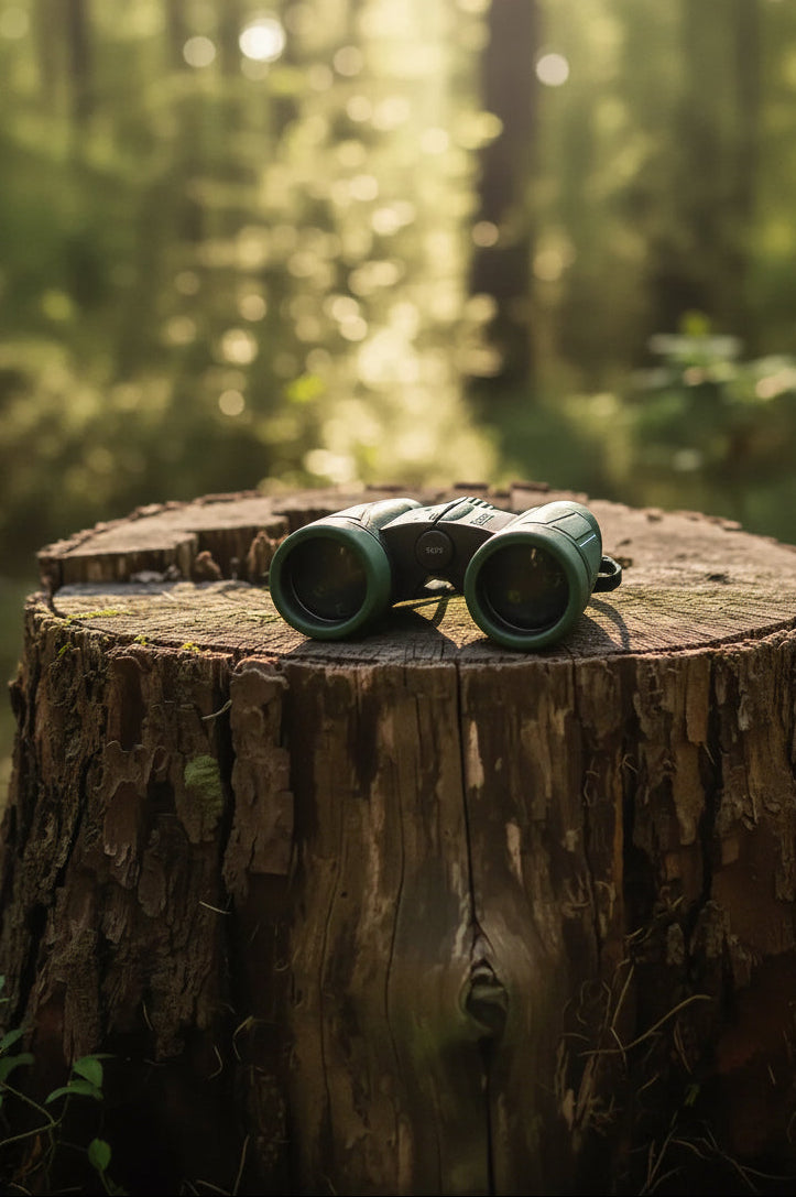 Green binoculars on tree stump in sunlit forest, nature photography print