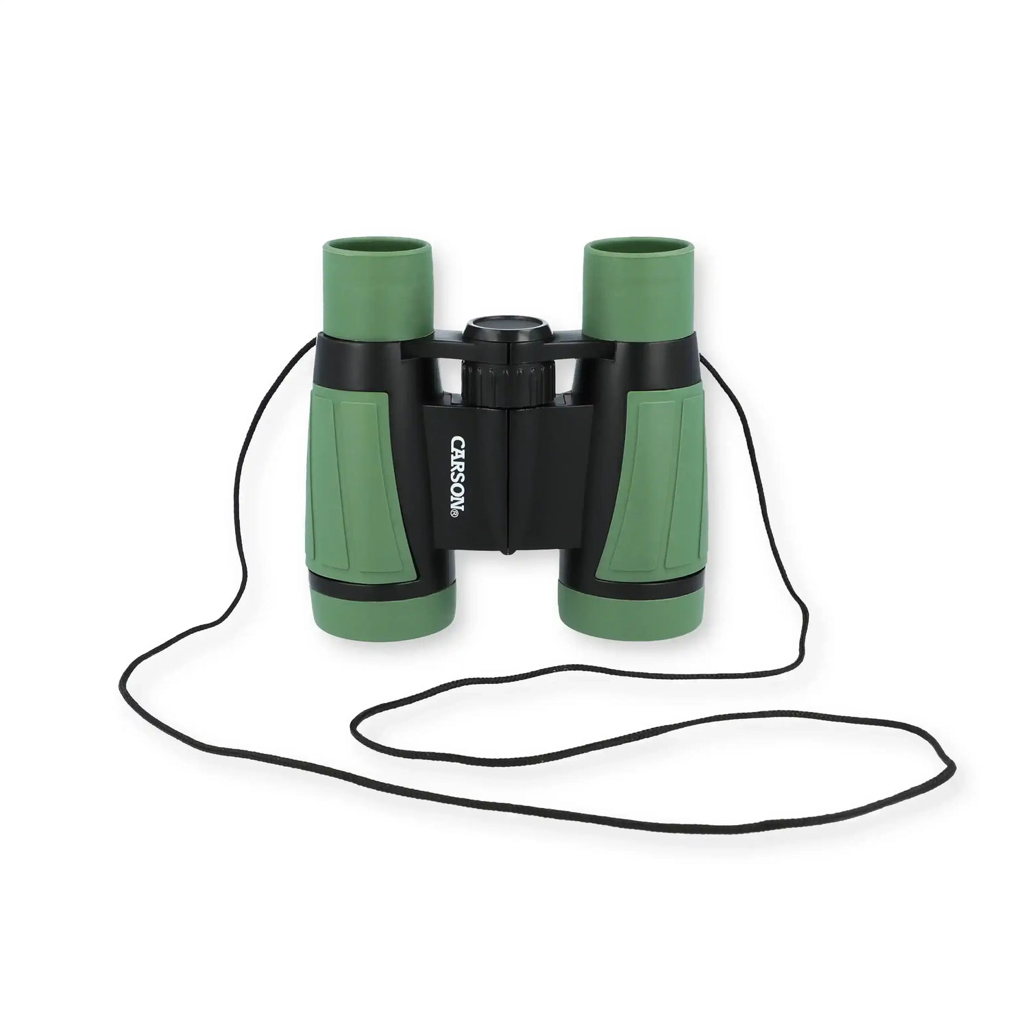 Green and black Carson binoculars with neck strap, ideal for outdoor viewing and nature observation.
