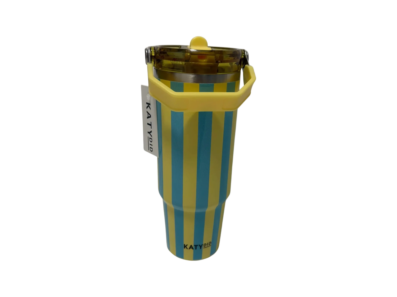 Striped tumbler with yellow rim and handle on a white background