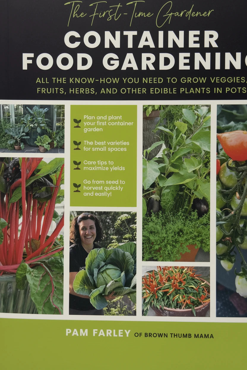 Container food gardening book cover with veggies, herbs, and fruits in pots for beginners